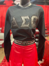 Load image into Gallery viewer, ΔΣΘ BLACK ON BLACK LEATHER SWEATSHIRT