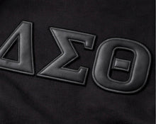 Load image into Gallery viewer, ΔΣΘ BLACK ON BLACK LEATHER SWEATSHIRT