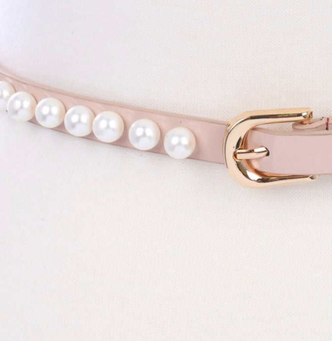 Skinny Beige Pearl Embellish Belt
