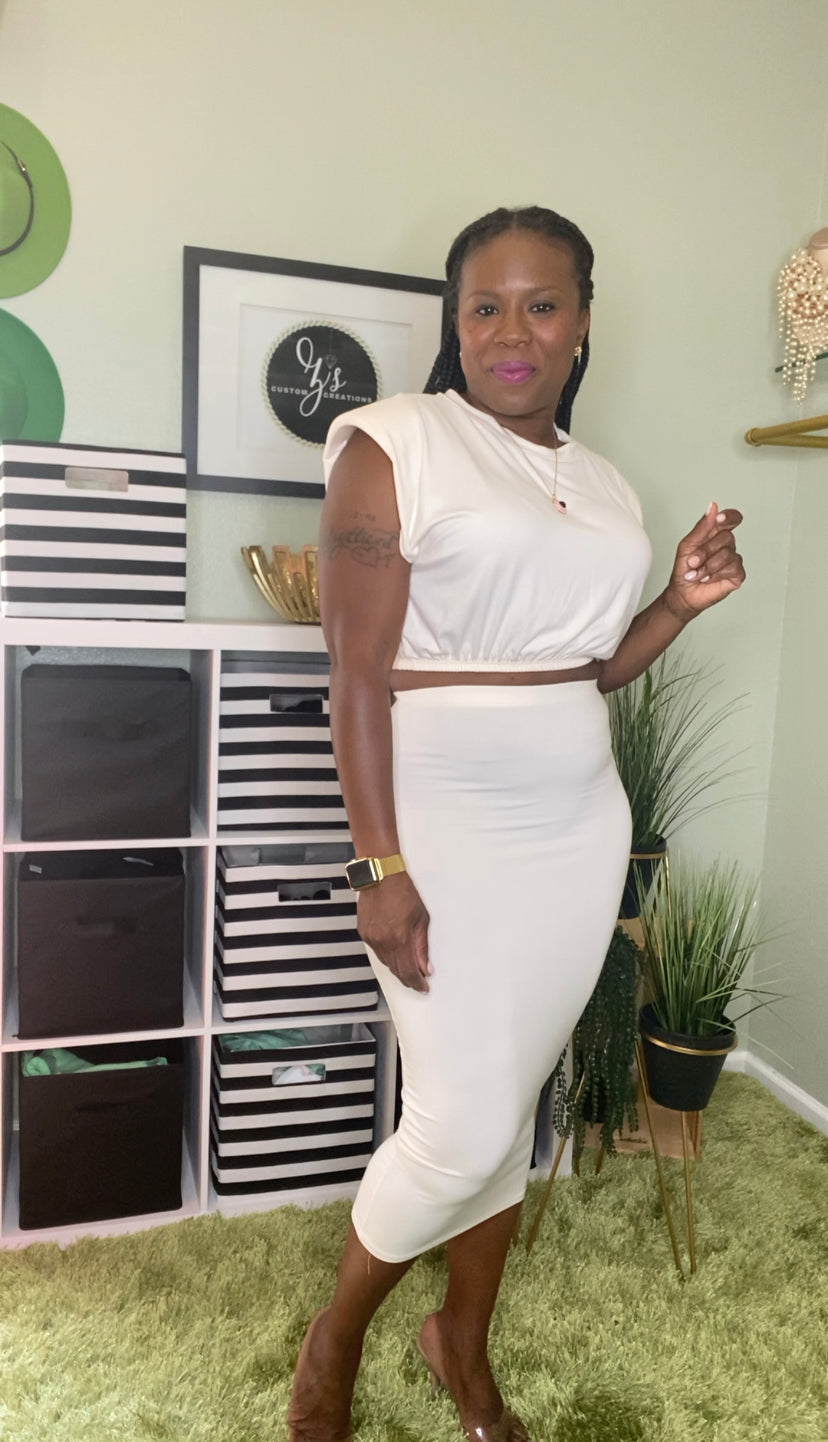 Tan 2 Piece Shoulder - Pad Crop Top Skirt Set